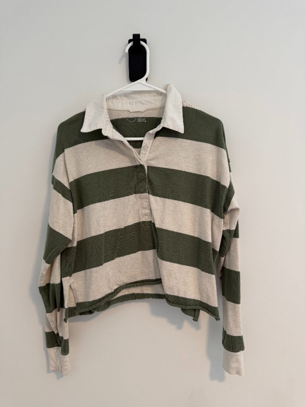 AEO Green Cream Striped Rugby Crop Pullover Women's Extra Small